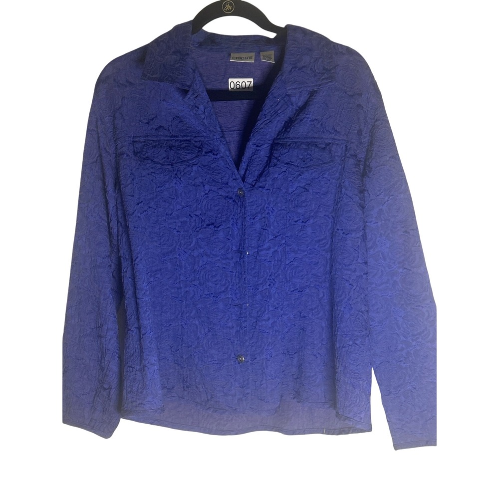 Chicos Royal Blue Floral Matelasse Button Down Shirt Textured Blouse Size 2 L